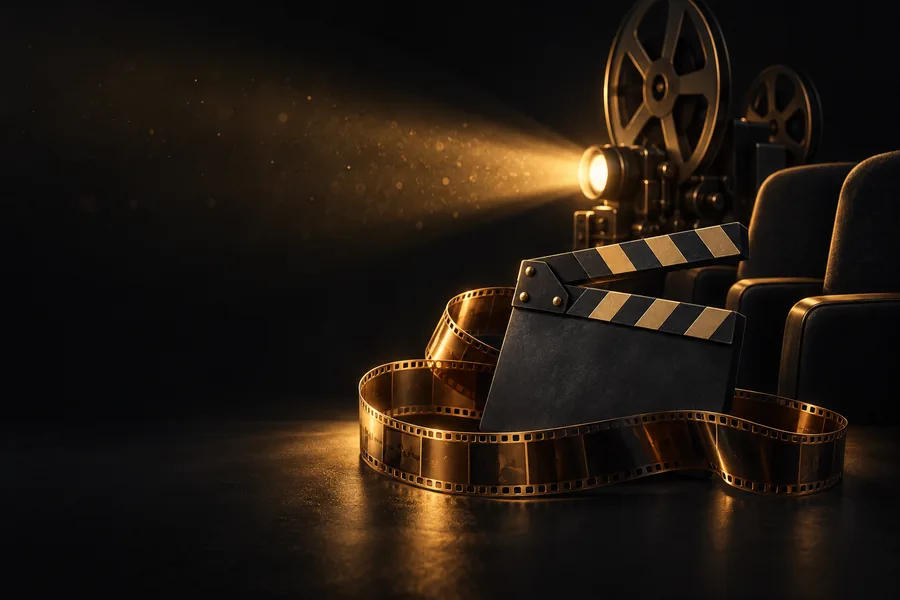 Ilustração de uma claquete e película de cinema sob luz dourada